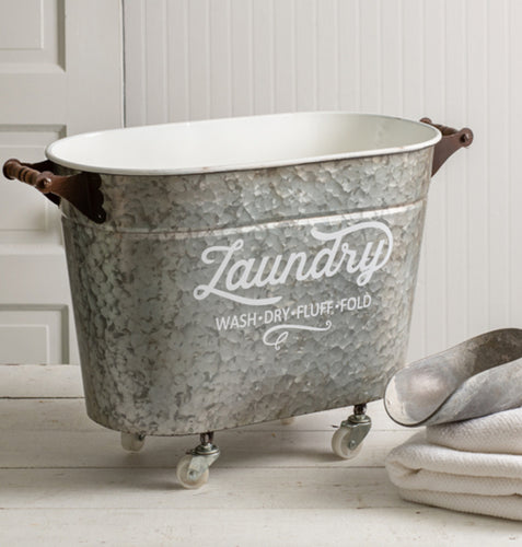 Galvanized Rolling Oval Laundry Bin