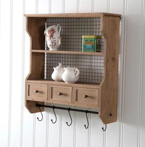 Wood Organizing Shelf with Shelves and Hooks