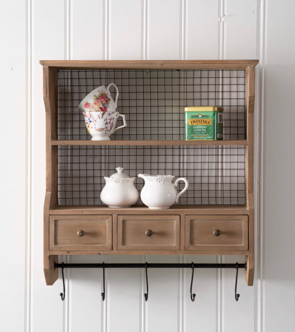 Wood Organizing Shelf with Shelves and Hooks